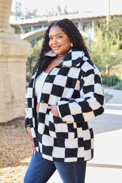 Full Size Checkered Button Front Coat with Pockets