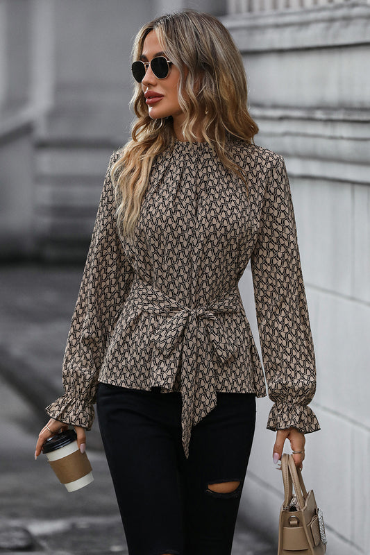 Printed Tie Front Flounce Sleeve Blouse