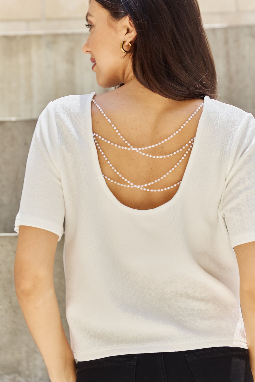 Open Back T-Shirt with Pearl Detail