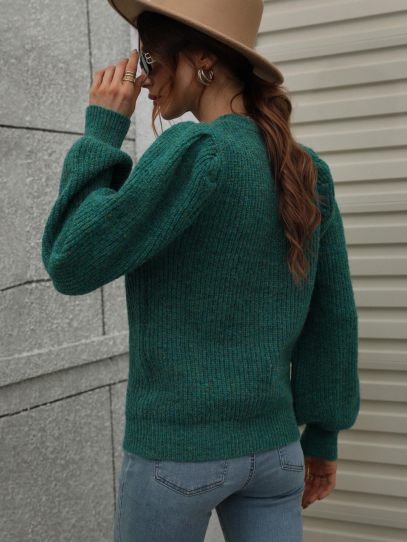 Heathered Long Lantern Sleeve Rib-Knit Sweater - p9nstyle