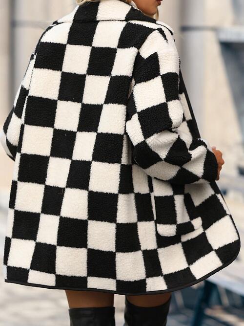 Full Size Checkered Button Front Coat with Pockets