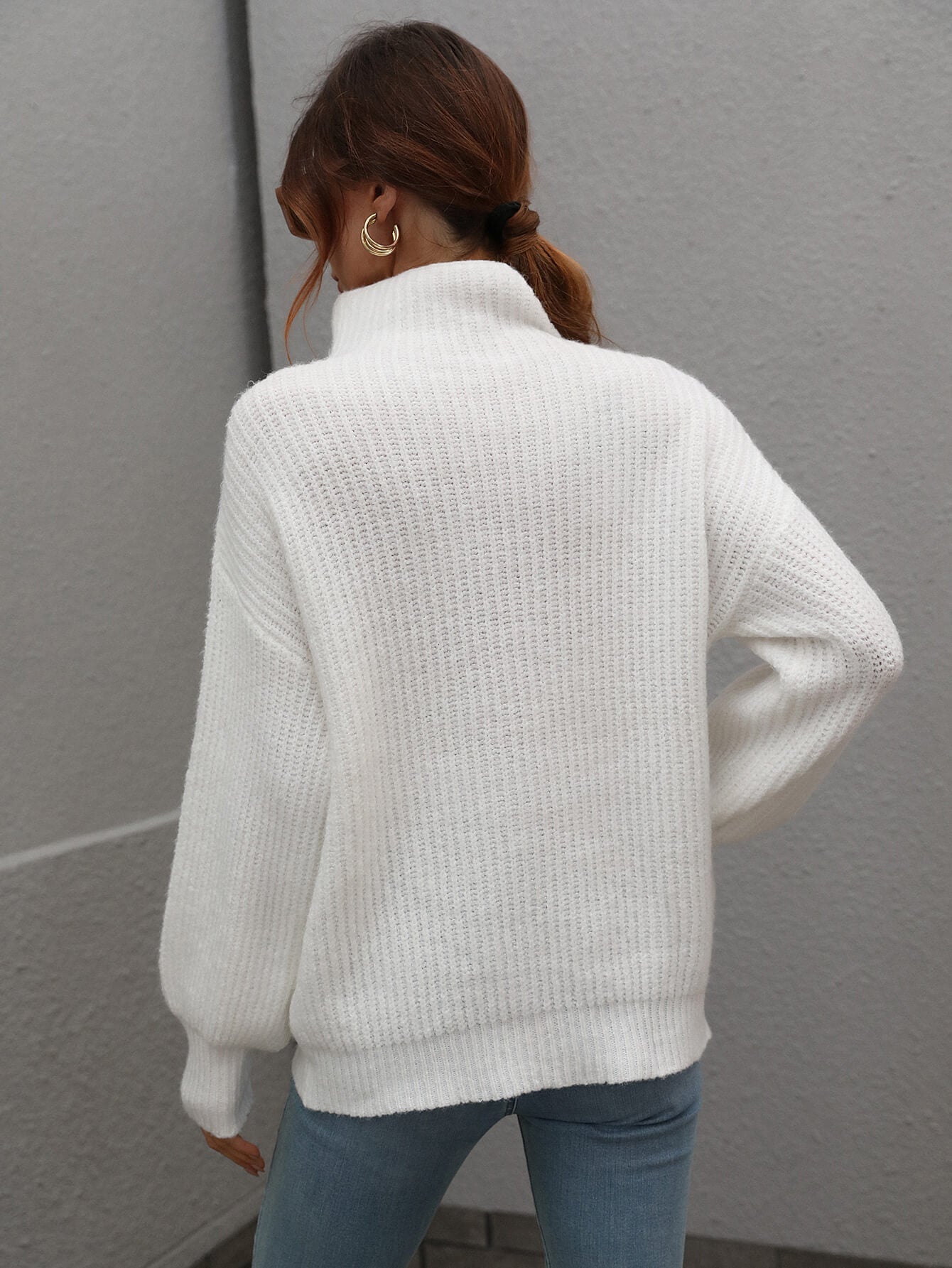 High Neck Balloon Sleeve Rib-Knit Pullover Sweater - p9nstyle