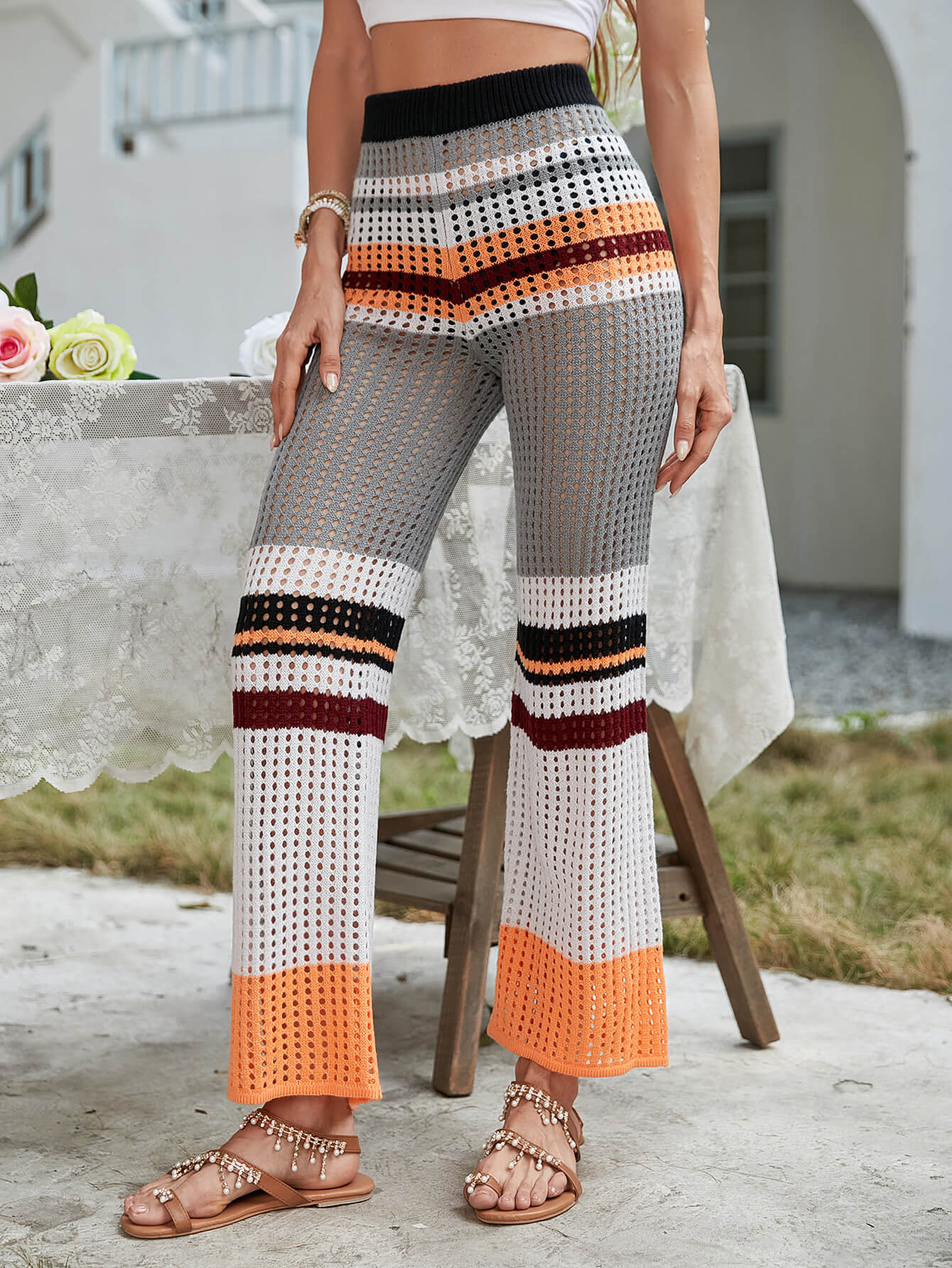 Color Block Openwork Knit Pants - p9nstyle