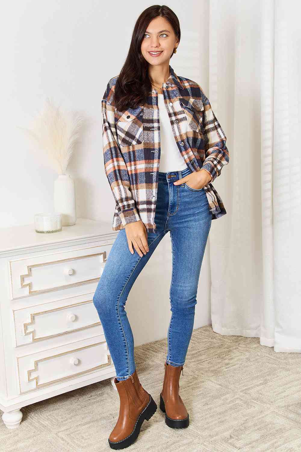 Plaid Button Front Shirt Jacket with Pockets