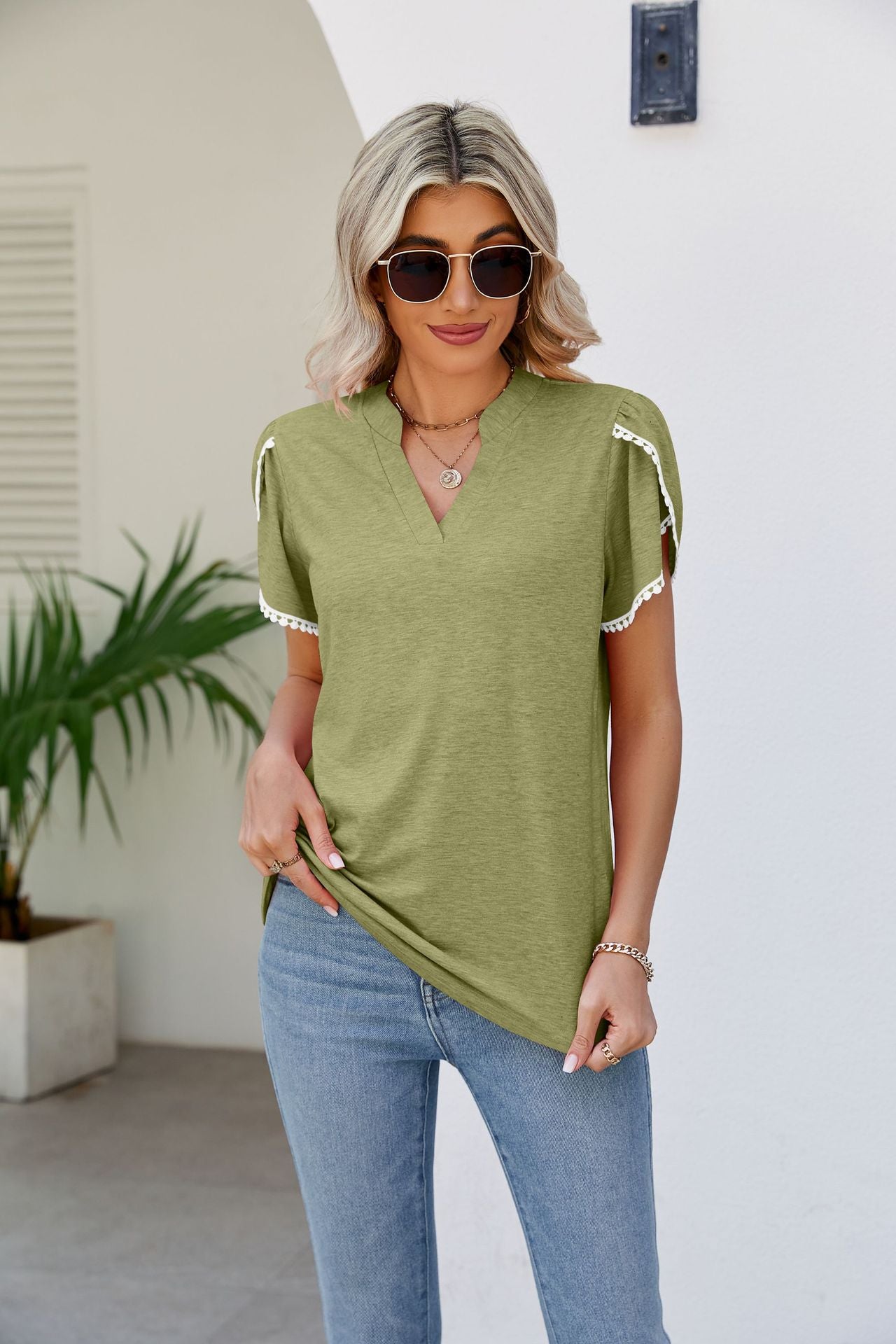 Petal Sleeve Notched Neck Top