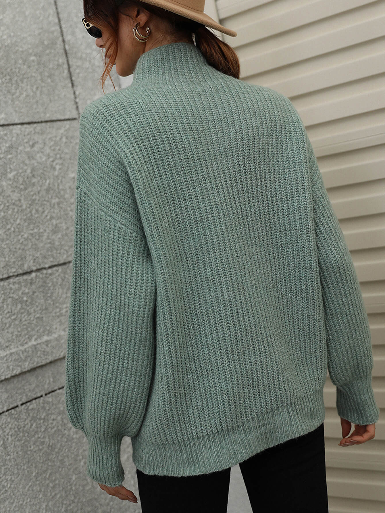 High Neck Balloon Sleeve Rib-Knit Pullover Sweater - p9nstyle