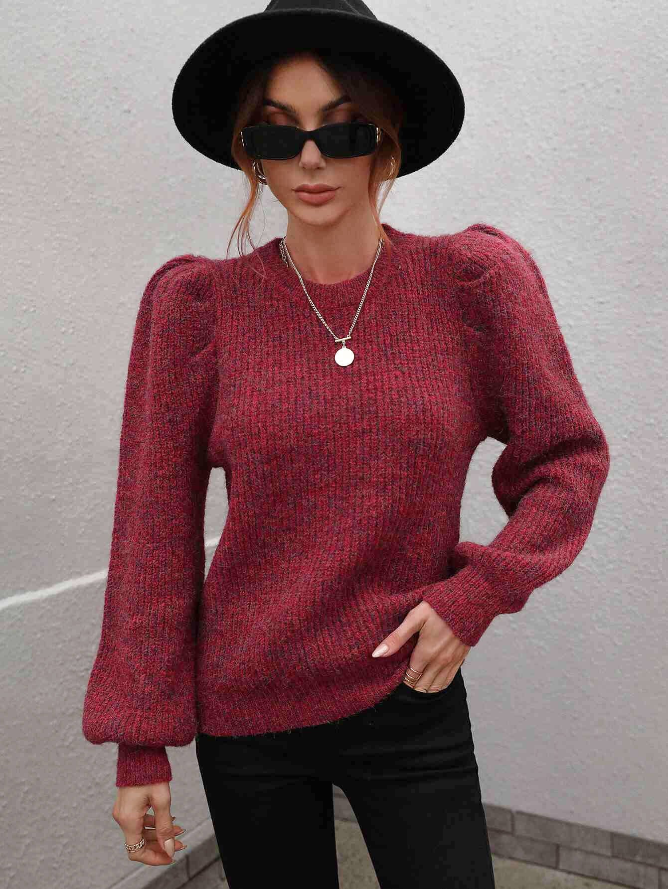 Heathered Long Lantern Sleeve Rib-Knit Sweater - p9nstyle